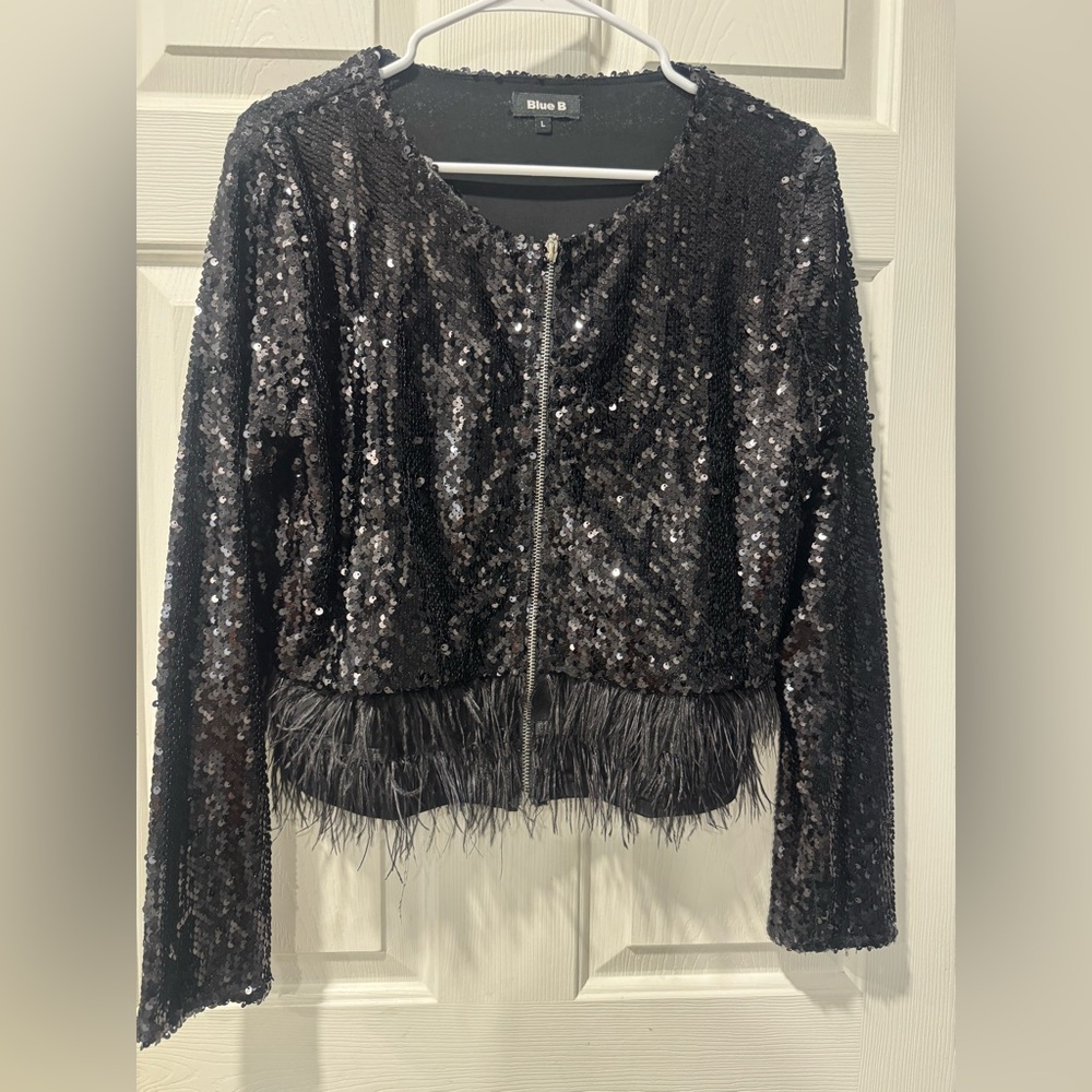 Blue B Black Jacket with Feather Trim